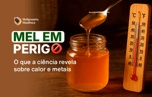 Imagem ilustrativa com mel exposto a calor e utensílios de metal, e os mitos sobre alterações no mel.