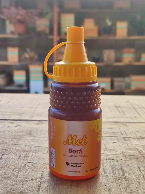 Pote de 200g de mel de abelha Borá, com coloração dourada clara e textura leve.